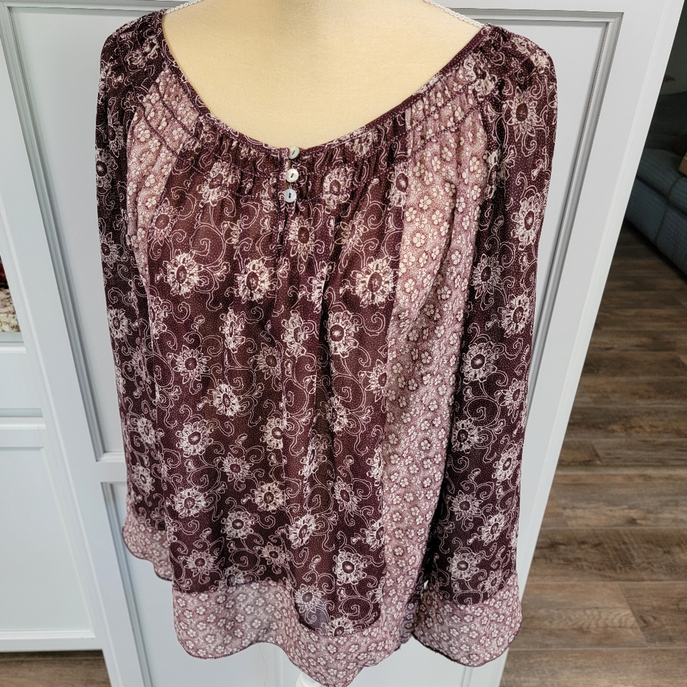 Nurture Boho Peasant Floral Blouse Mauve Burgundy Womens XL Casual